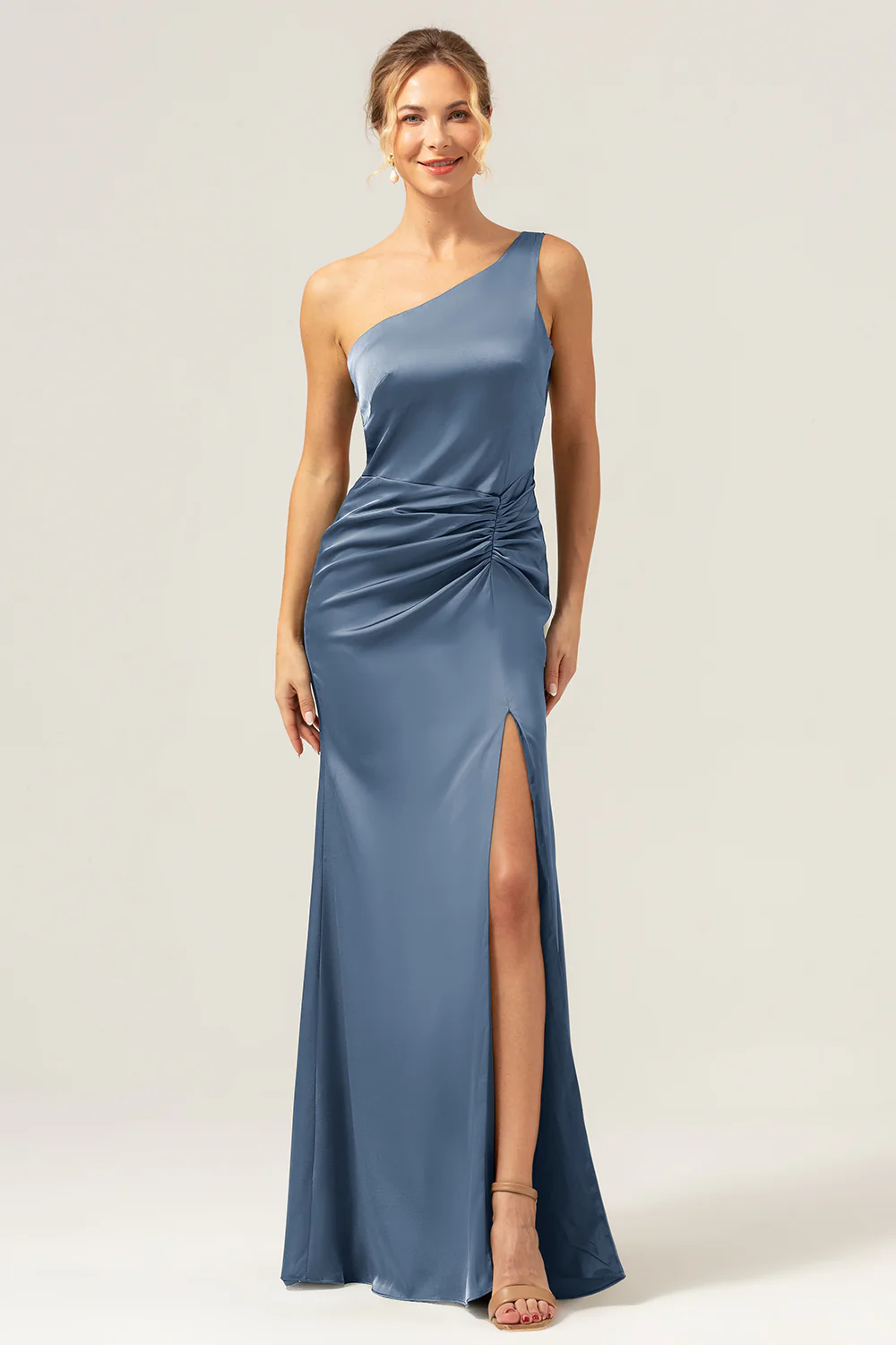 Olive One Shoulder Mermaid Satin Long Bridesmaid Dress with Slit - JUORTHO