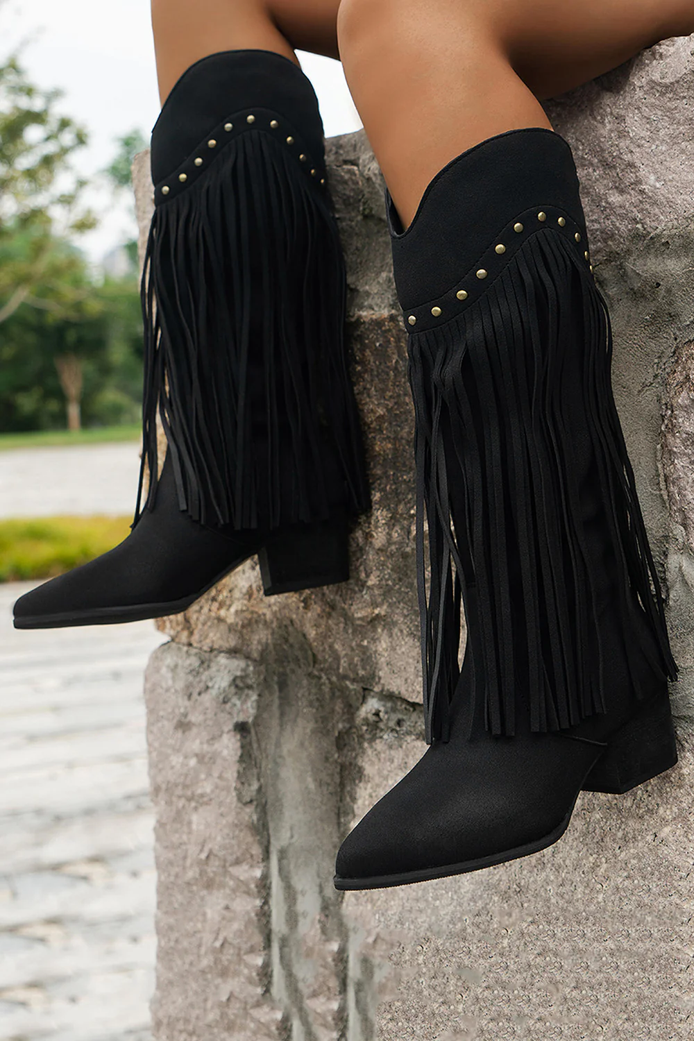 Brown Leopard Mid Calf Chunky Heel Cowgirl Boots with Fringes - JUORTHO