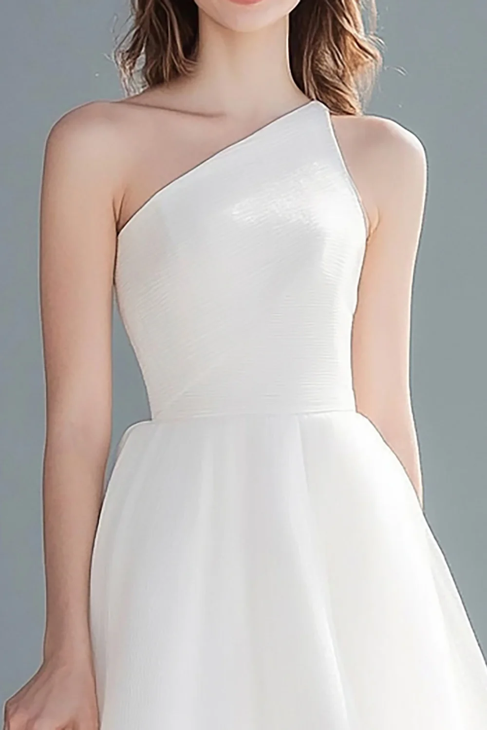 Simple Ivory A Line One Shoulder Midi Tulle Wedding Reception Dress - JUORTHO