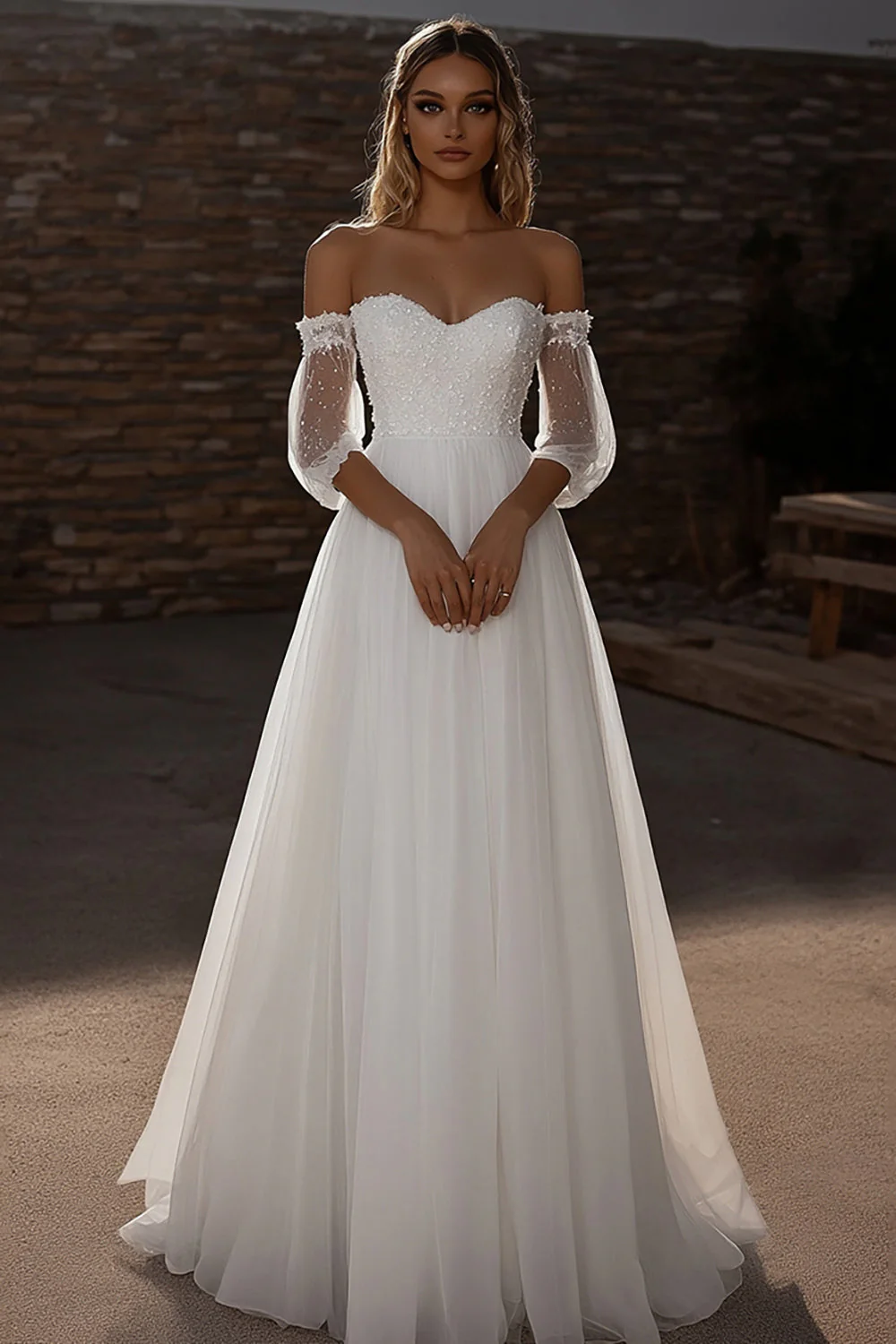 Sweetheart A Line Tulle Half Illusion Sleeve Ivory Wedding Dress - JUORTHO