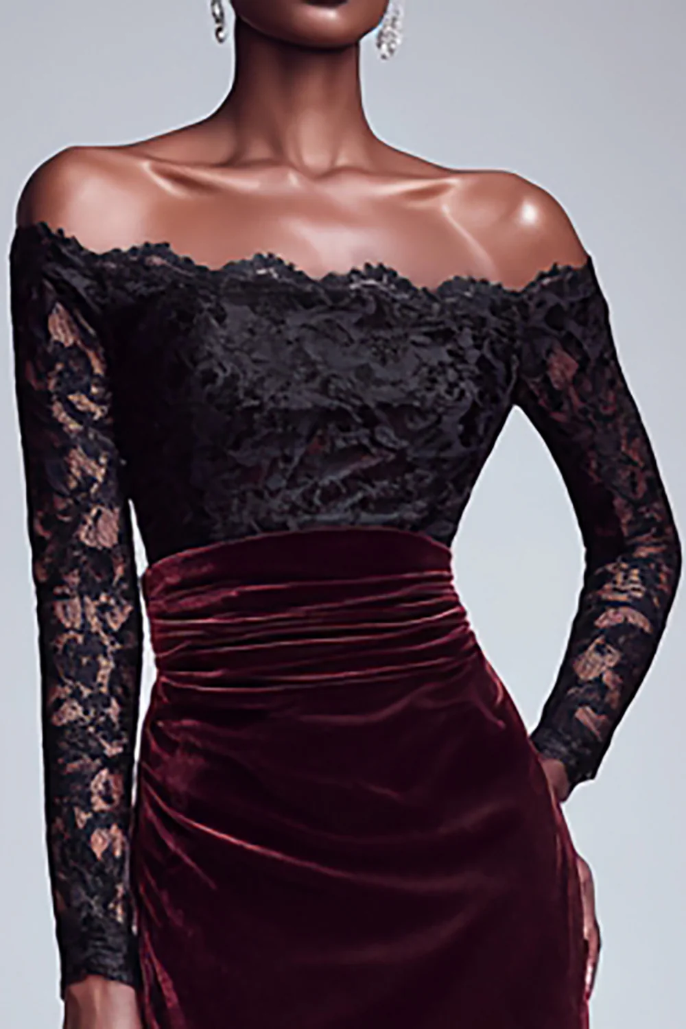 Black and Burgundy Velvet Long Sleeves Holiday Party Dress with Lace - JUORTHO