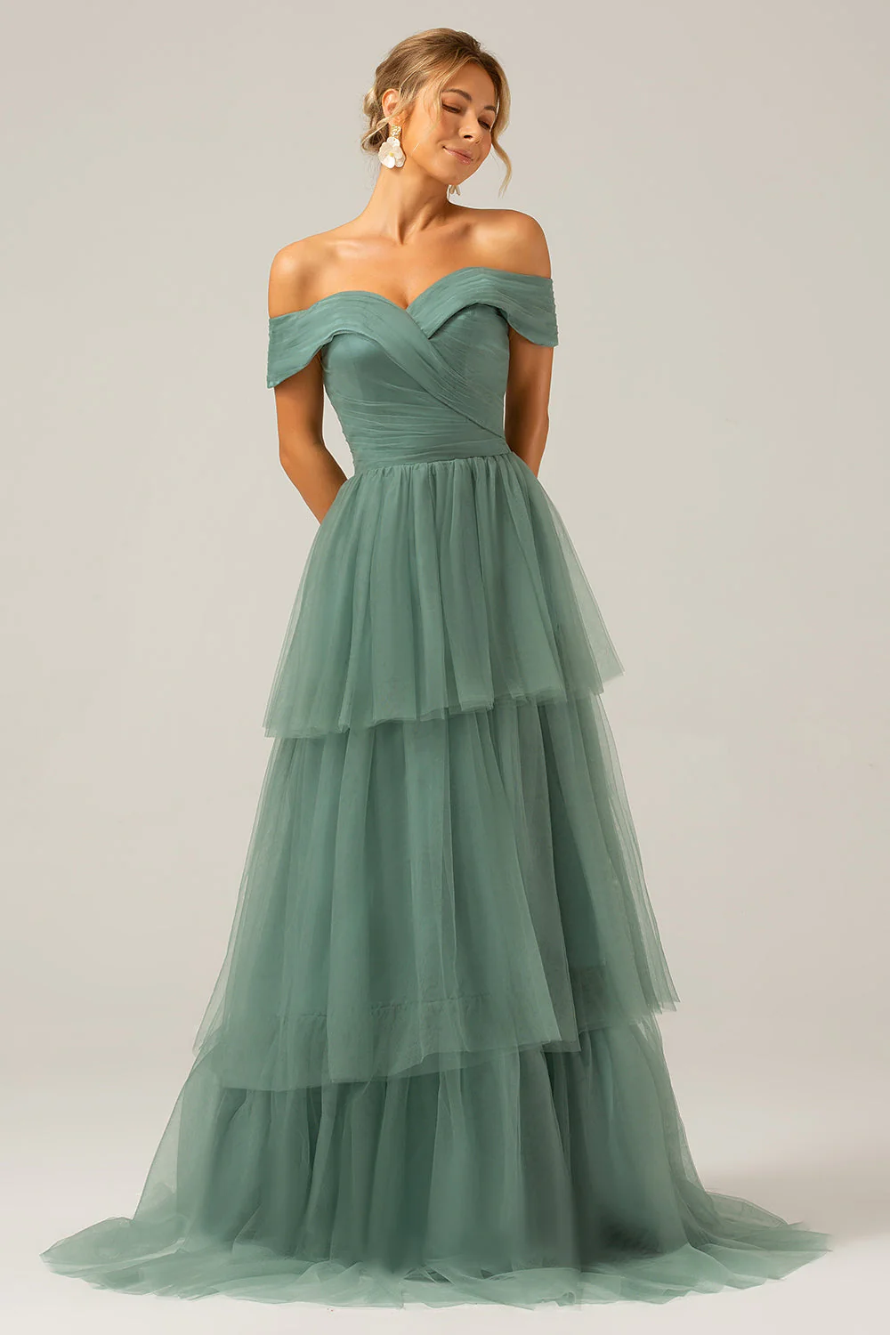 Grey Green Tulle A Line Off the Shoulder Tiered Bridesmaid Dress - JUORTHO