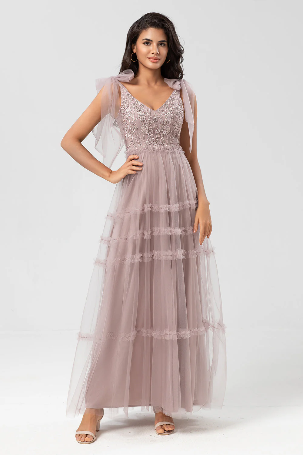Keeper of My Heart A-Line V Neck Dusty Pink Long Bridesmaid Dress with Beading - JUORTHO