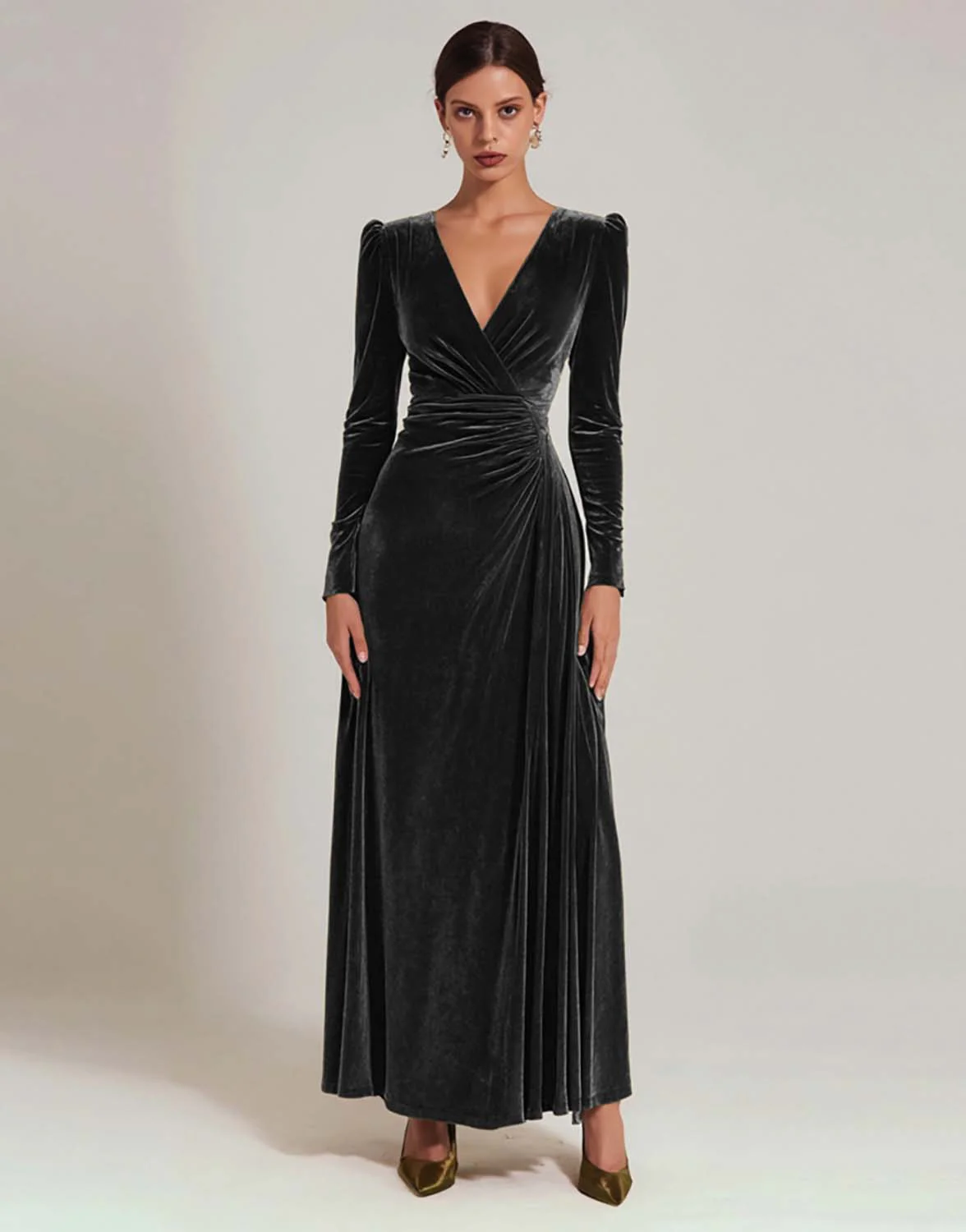 Olive Velvet A Line V-Neck Long Holiday Party Dress with Sleeves - JUORTHO