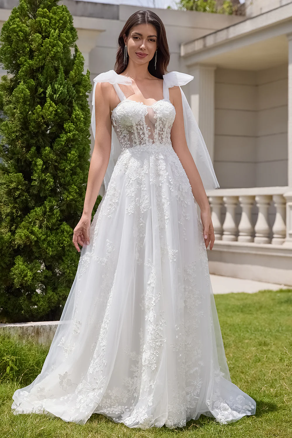 Princess White A-Line Lace Up Corset Tulle Wedding Dress with Appliques Lace - JUORTHO