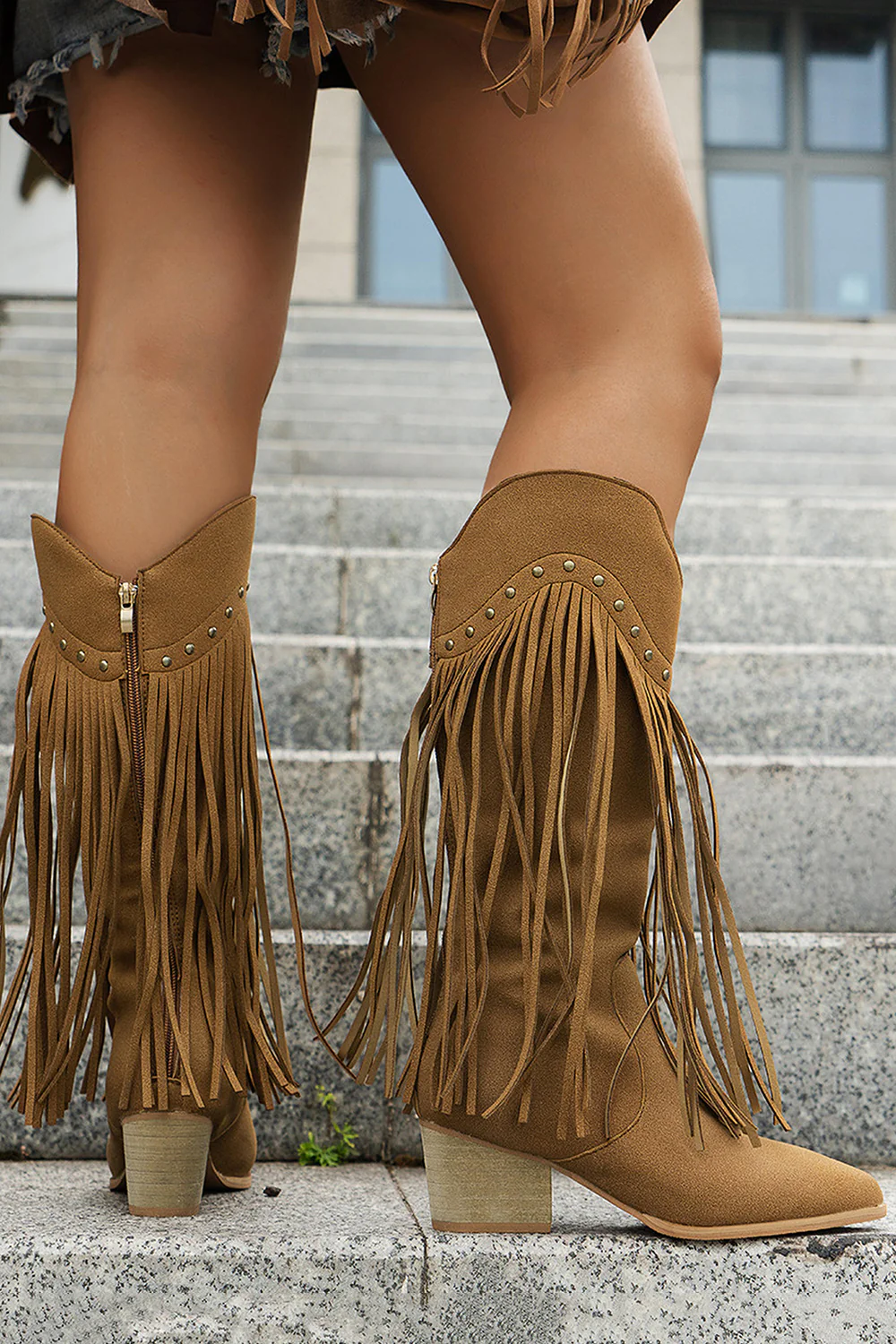Brown Leopard Mid Calf Chunky Heel Cowgirl Boots with Fringes - JUORTHO
