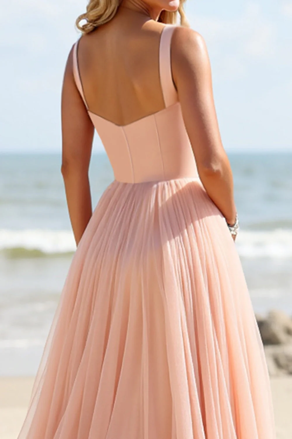 Blush Tulle A Line Square Neck Long Bridesmaid Dress - JUORTHO