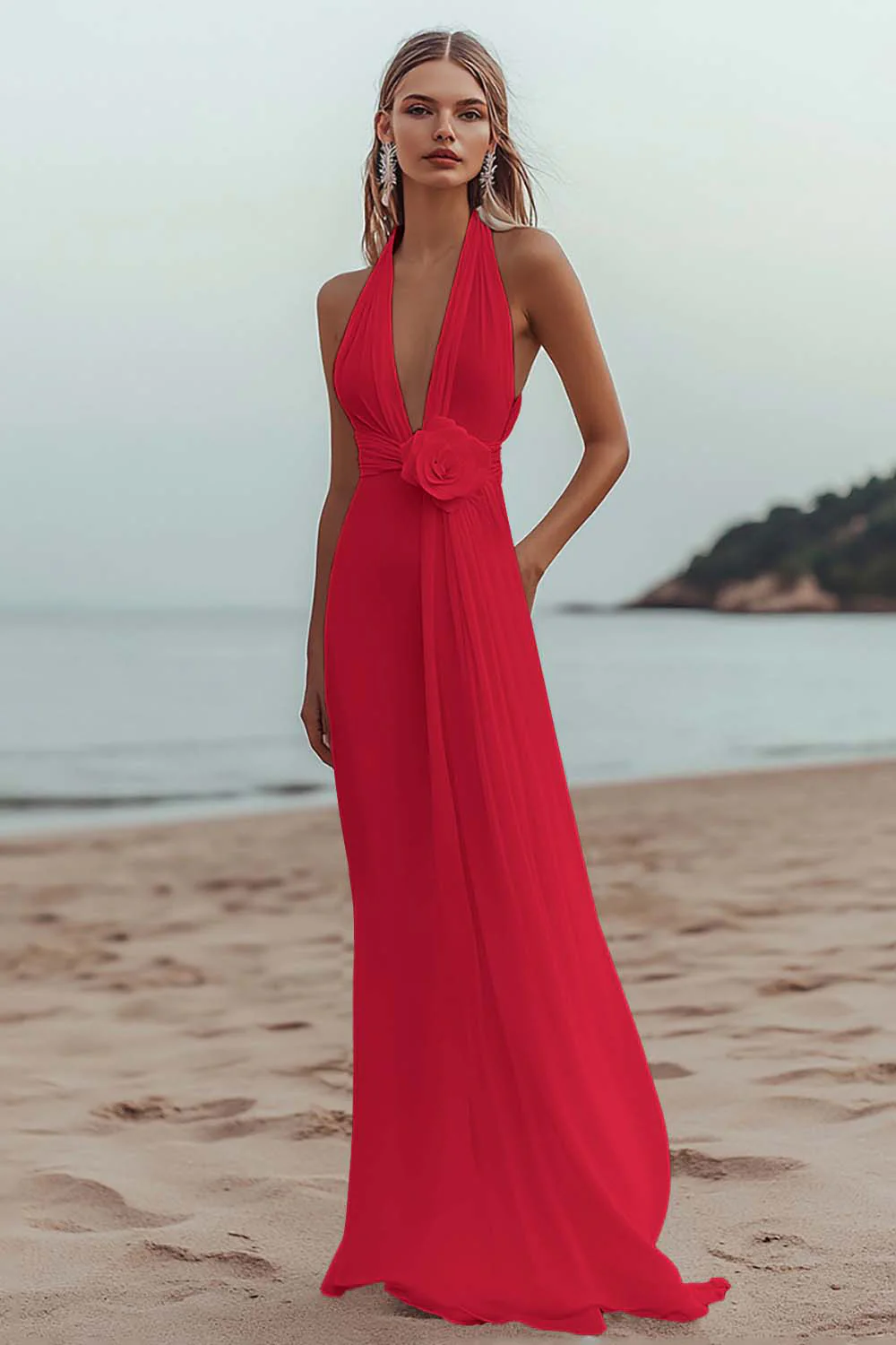 White A Line Deep V-Neck Long Engagement Dress - JUORTHO