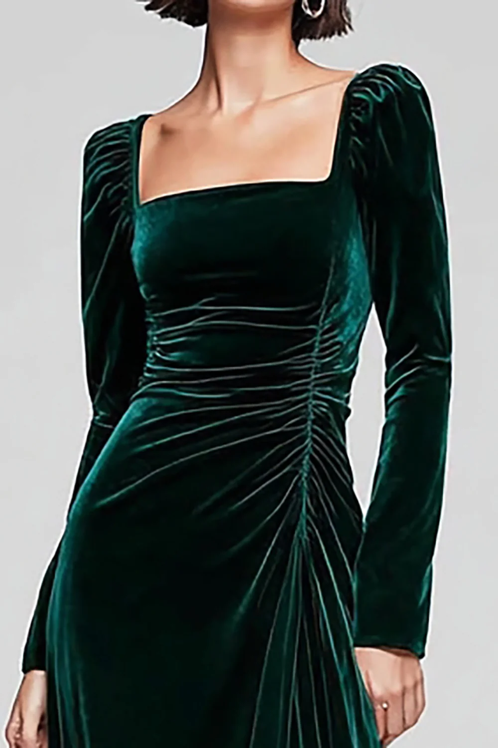 Dark Green Sheath Velvet Square Neck Long Sleeves Holiday Party Dress with Slit - JUORTHO