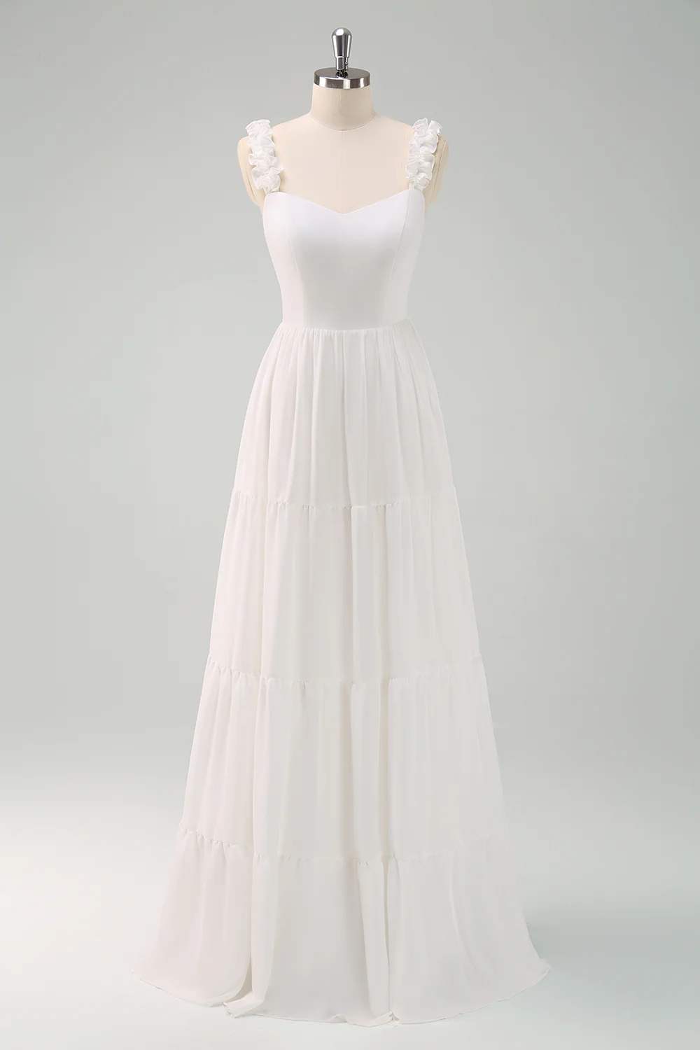 White A Line Ruffled Bride Dress with Bow - JUORTHO
