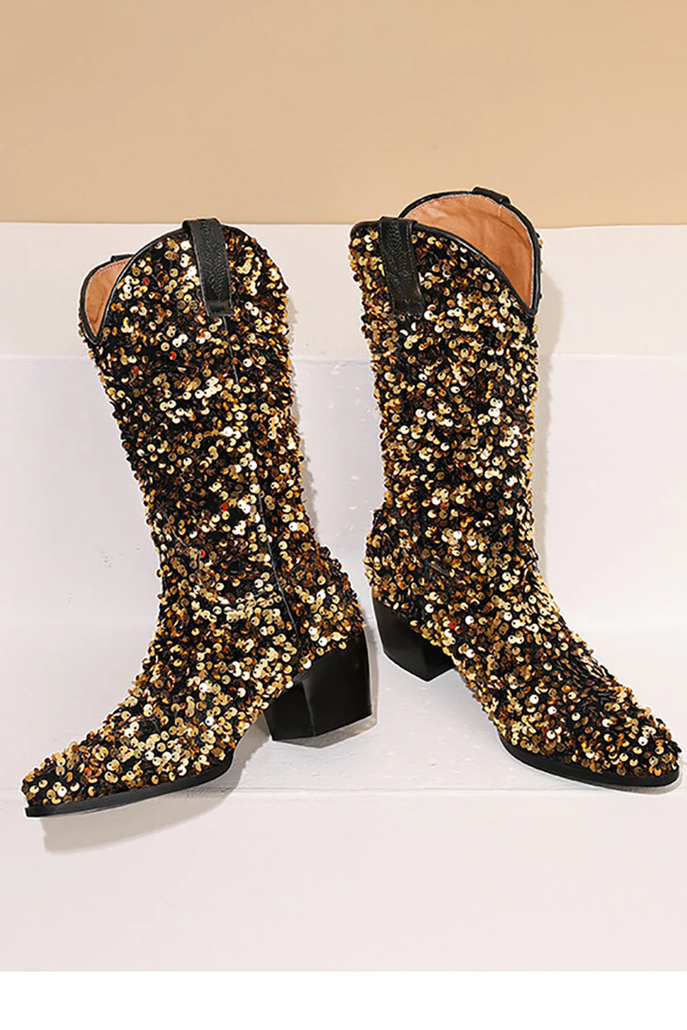Glitter Black Mid Calf Sequins Snip Toe Chunky Heeled Boots - JUORTHO