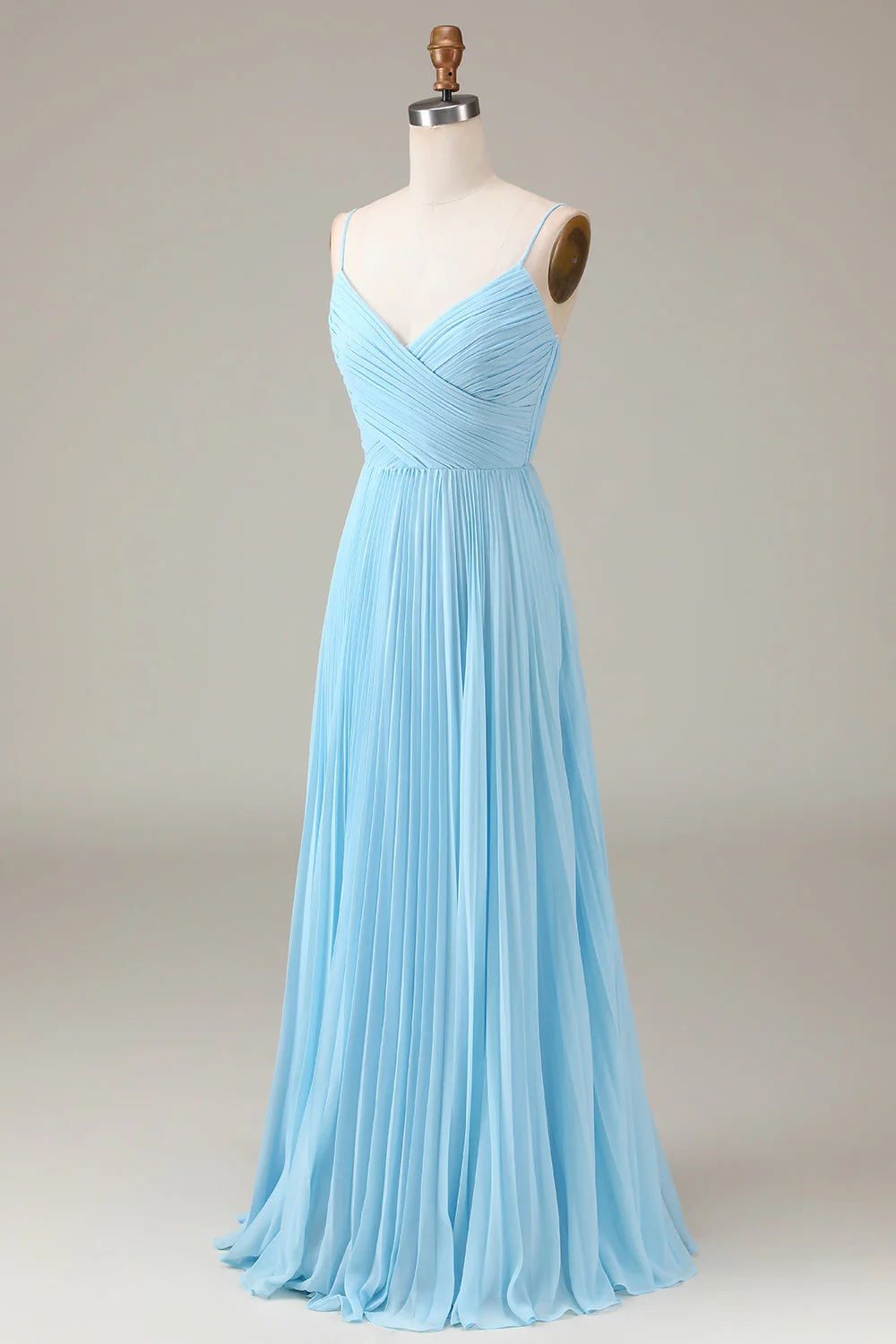 Sky Blue Spaghetti Straps V-neck A-line Pleated Chiffon Bridesmaid Dress - JUORTHO