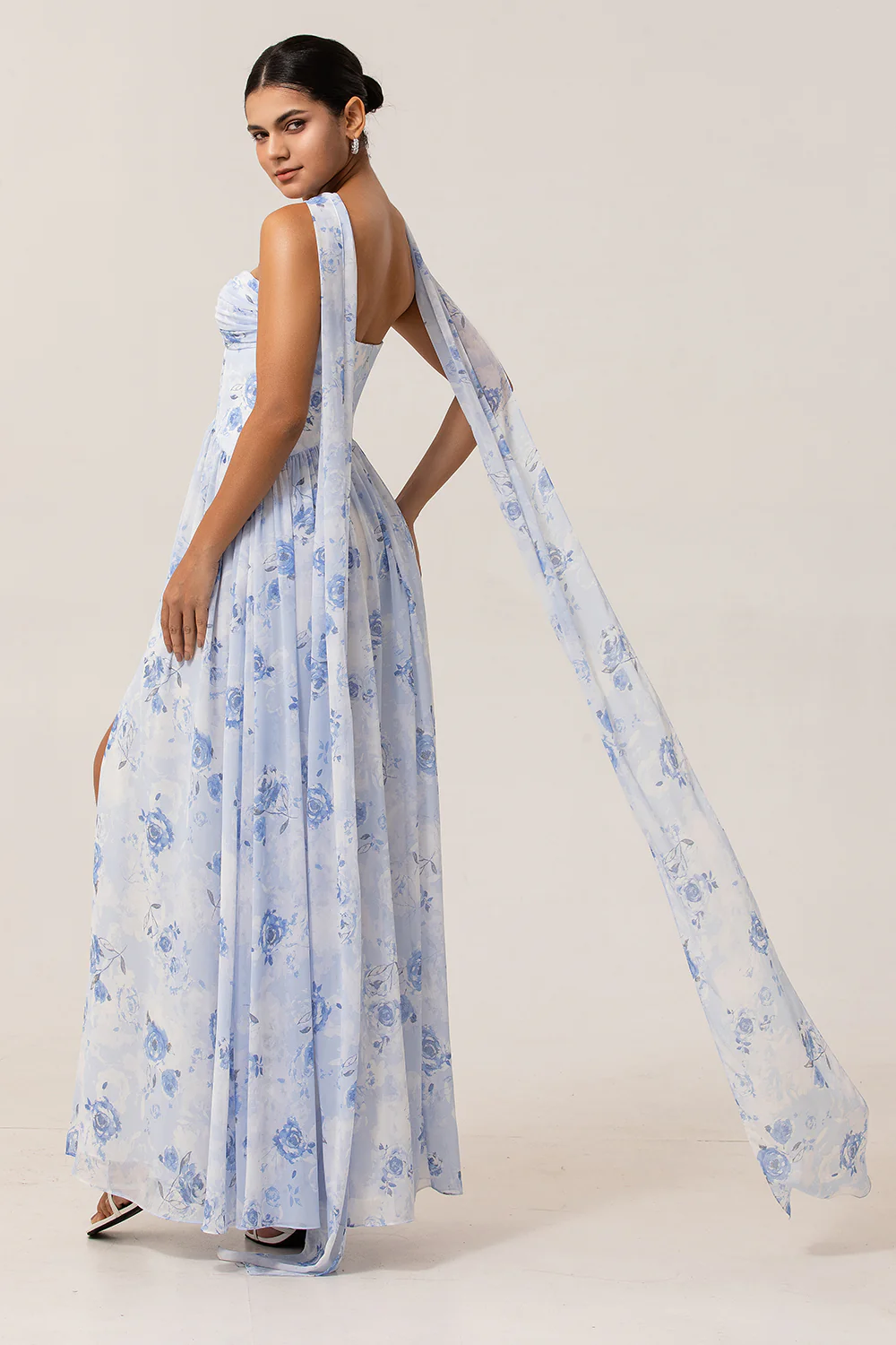 Blue Corset Floral Neck Scarf Long Wedding Guest Dress with Slit - JUORTHO