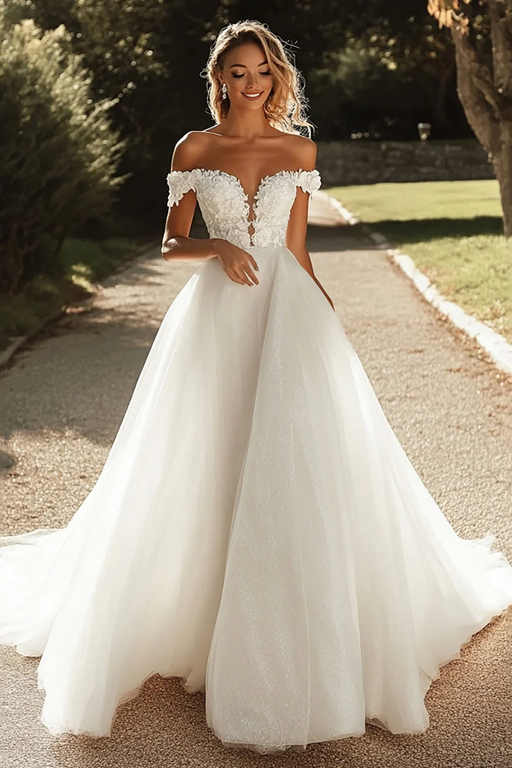 Glitter A Line Off the Shoulder Tulle Ivory Wedding Dress with Appliques - JUORTHO