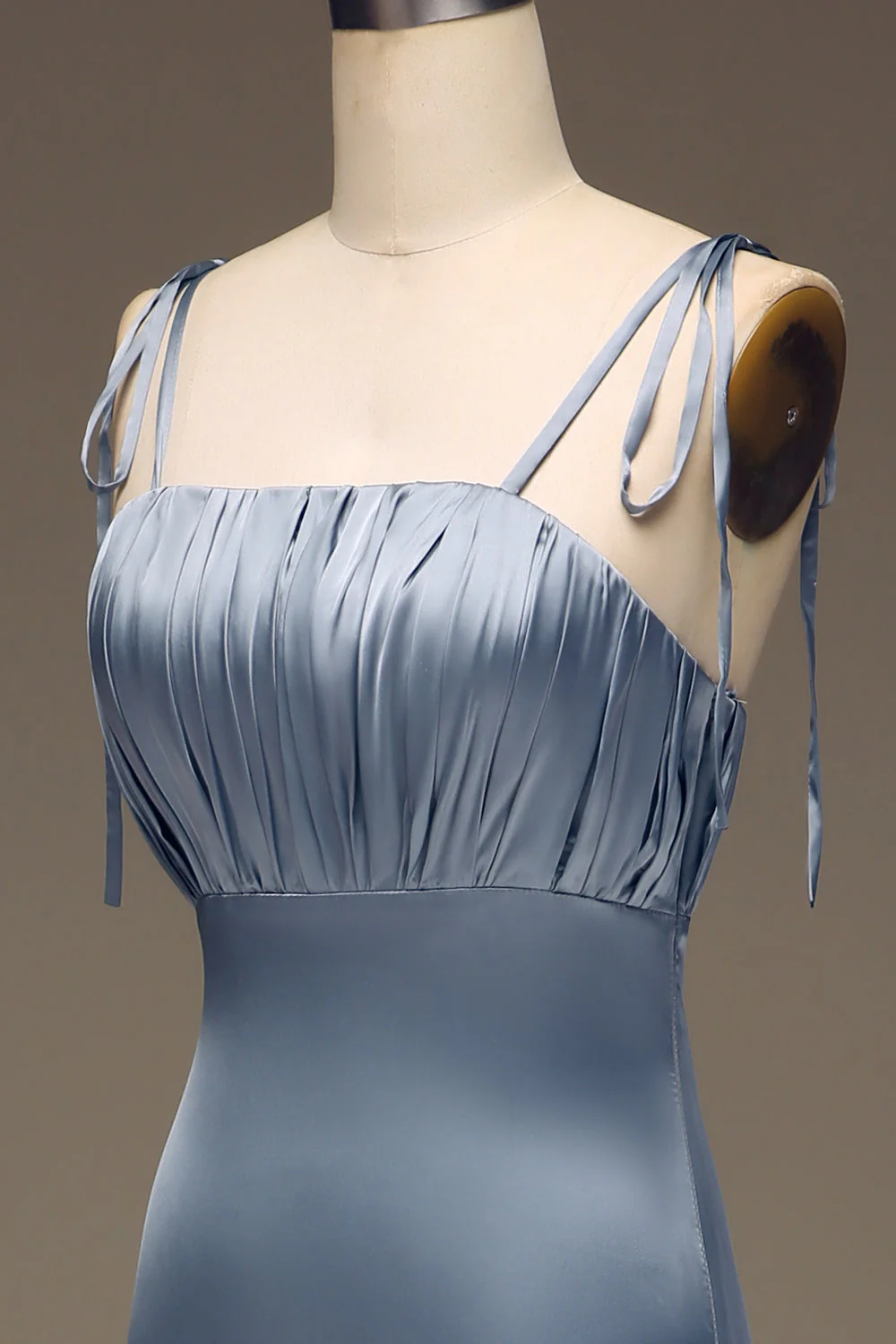 Dusty Blue Spaghetti Straps Sheath Satin Pleated Bridesmaid Dress - JUORTHO