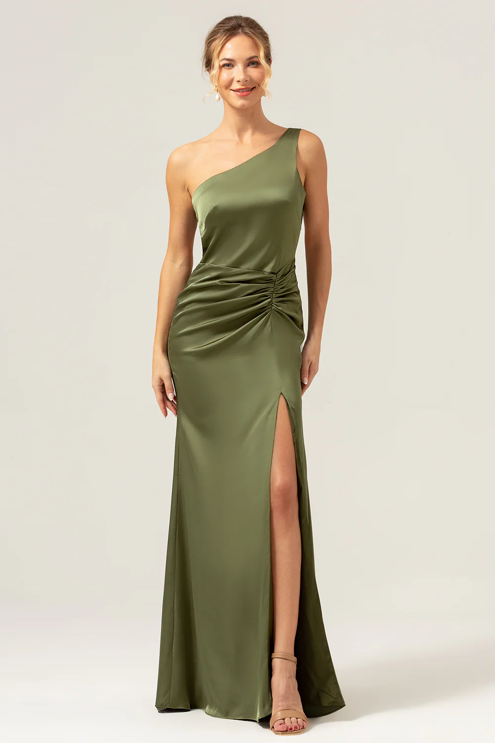 Olive One Shoulder Mermaid Satin Long Bridesmaid Dress with Slit - JUORTHO