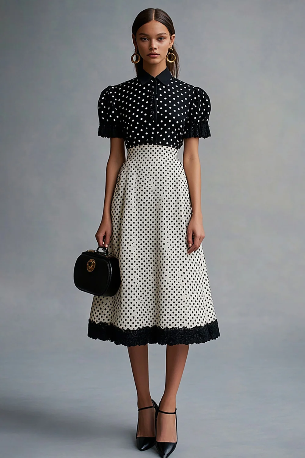 Chiffon Black and White Short Sleeves A Line Midi Polka Dot Dress with Ruffles - JUORTHO