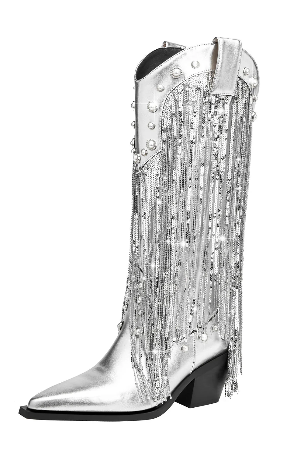 Glitter Silver Metallic Tassel Pointed Toe Cowgirl Boots with Sequins - JUORTHO