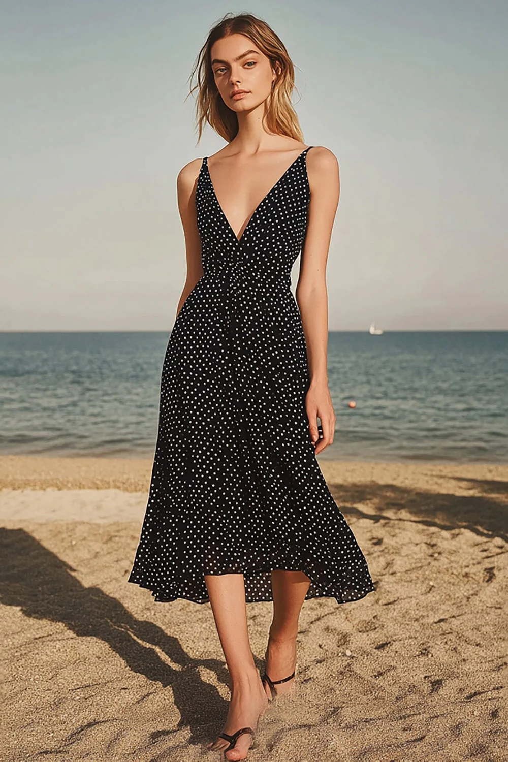 Black White Dots Chiffon Deep V Neck A Line Boho Maxi Dress - JUORTHO