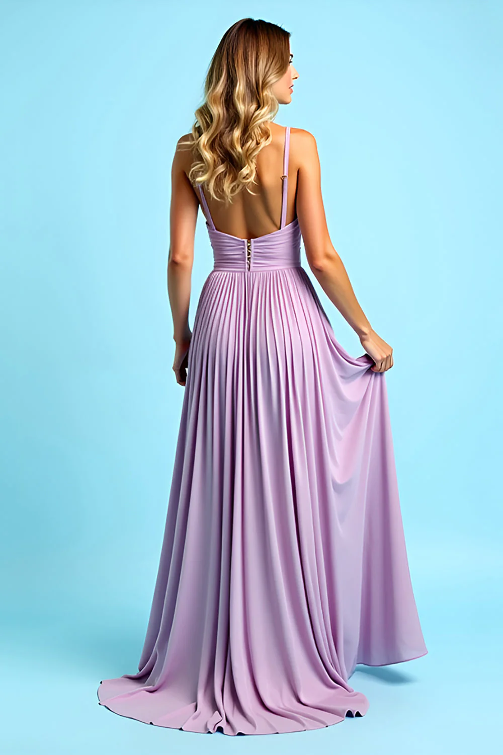 Pleated Long Elegant Lilac A Line Chiffon Bridesmaid Dress with Slit - JUORTHO