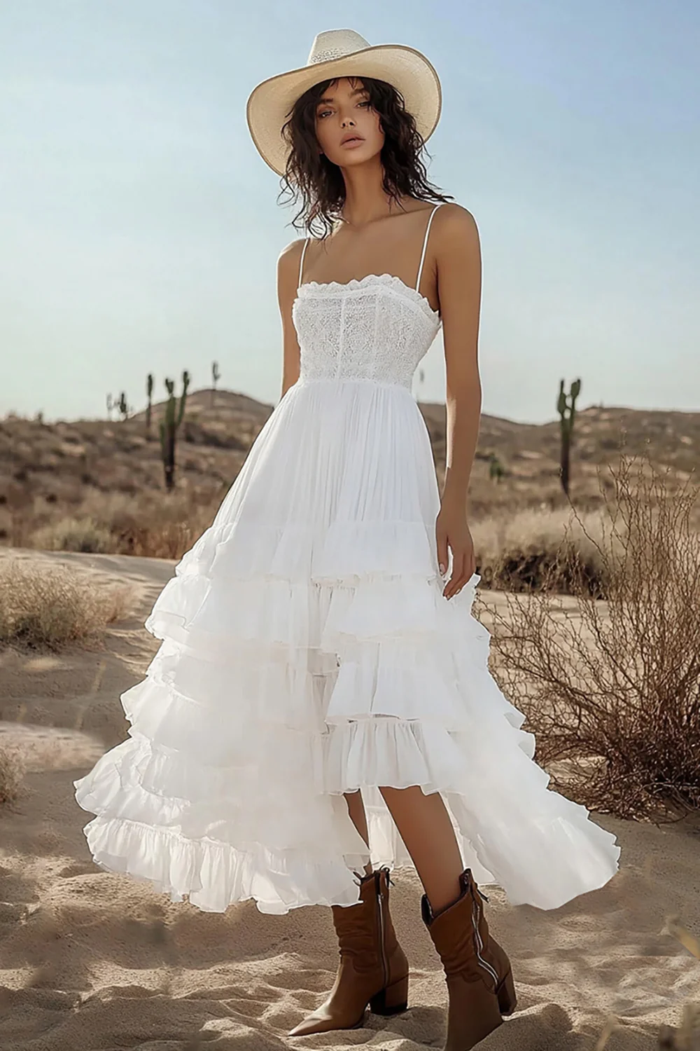 Ivory Corset Tiered Boho Maxi Western Wedding Dress with Lace - JUORTHO