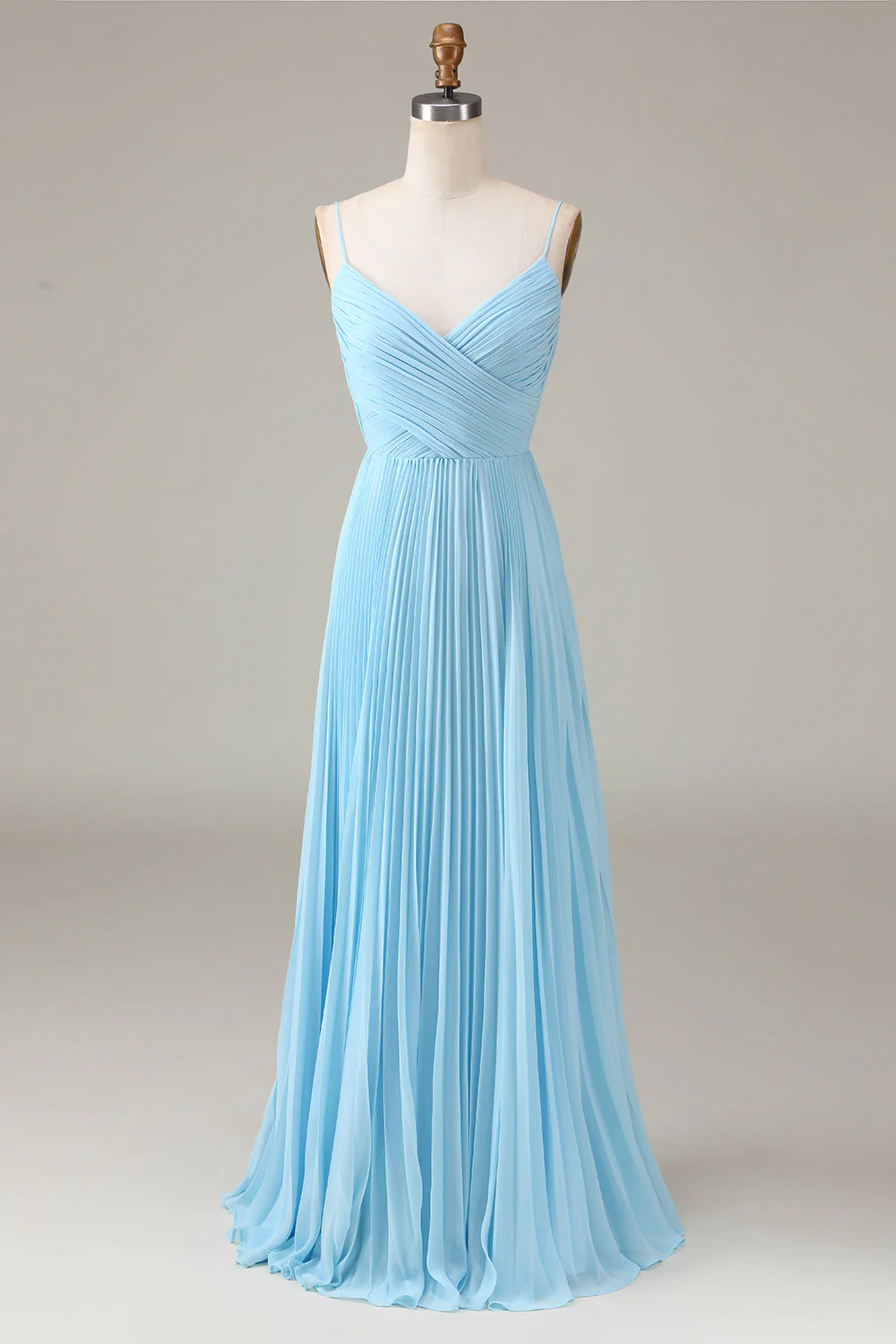 Sky Blue Spaghetti Straps V-neck A-line Pleated Chiffon Bridesmaid Dress - JUORTHO