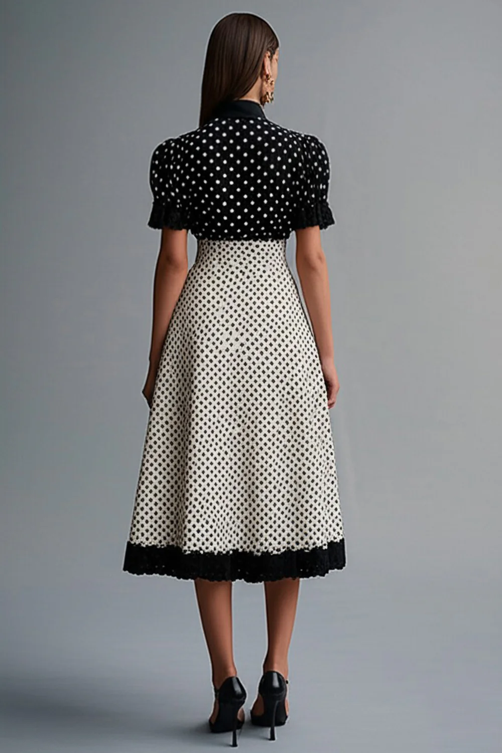 Chiffon Black and White Short Sleeves A Line Midi Polka Dot Dress with Ruffles - JUORTHO