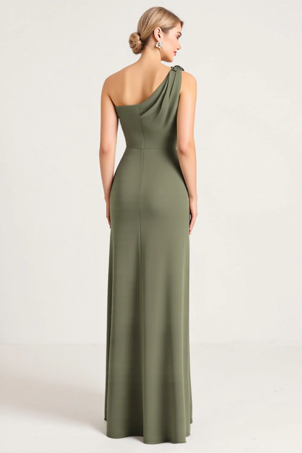 Sheath Olive One Shoulder Long Bridesmaid Dress with Slit - JUORTHO