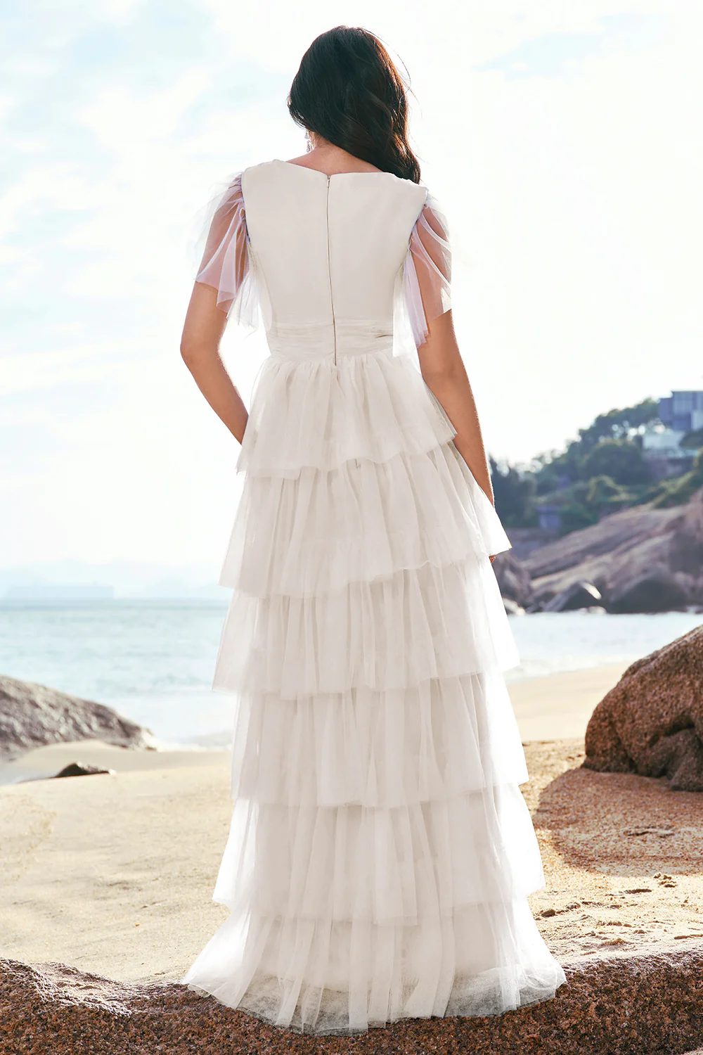 Grey Blue A-Line V Neck Tulle Long Tiered Bridesmaid Dress with Slit - JUORTHO