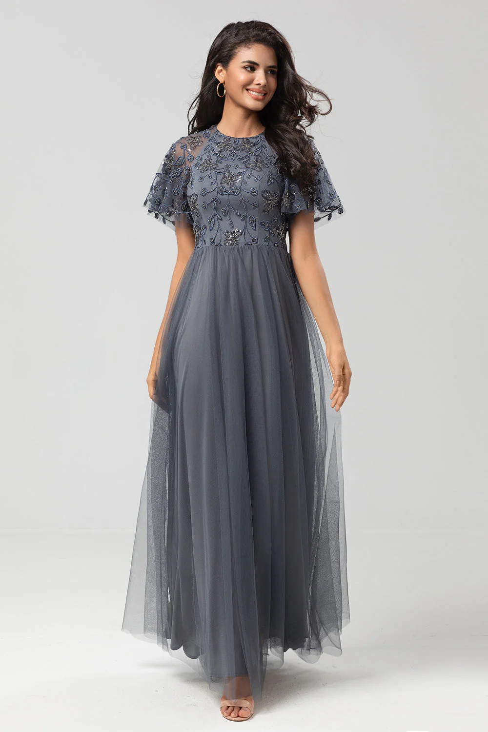 Classic Elegance A-Line Jewel Neck Grey Long Mother Dress with Short Sleeves - JUORTHO