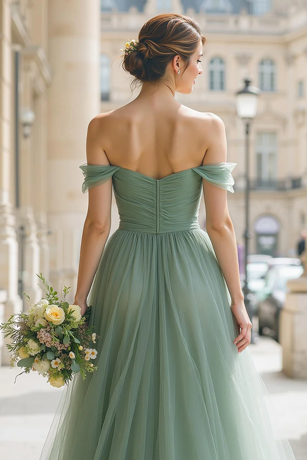 Eucalyptus Green Off the Shoulder Tulle A-Line Long Bridesmaid Dress - JUORTHO