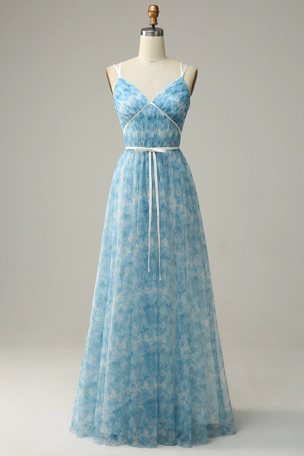 Blue Printed A-Line Tulle Long Bridesmaid Dress - JUORTHO