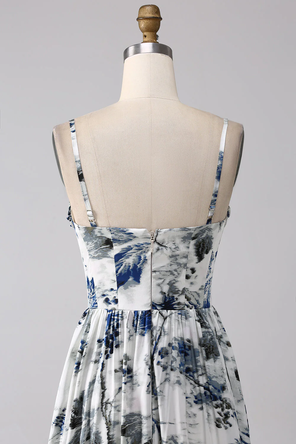 Pleated Blue Printed Corset Long Prom Dress with Slit - JUORTHO