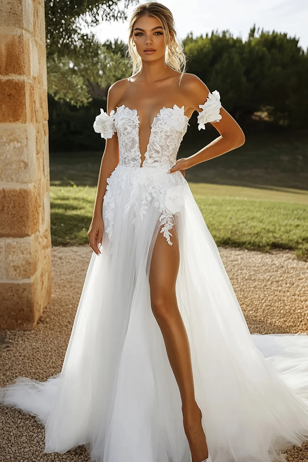 Ivory Tulle Lace A Line Wedding Dress with Appliques - JUORTHO