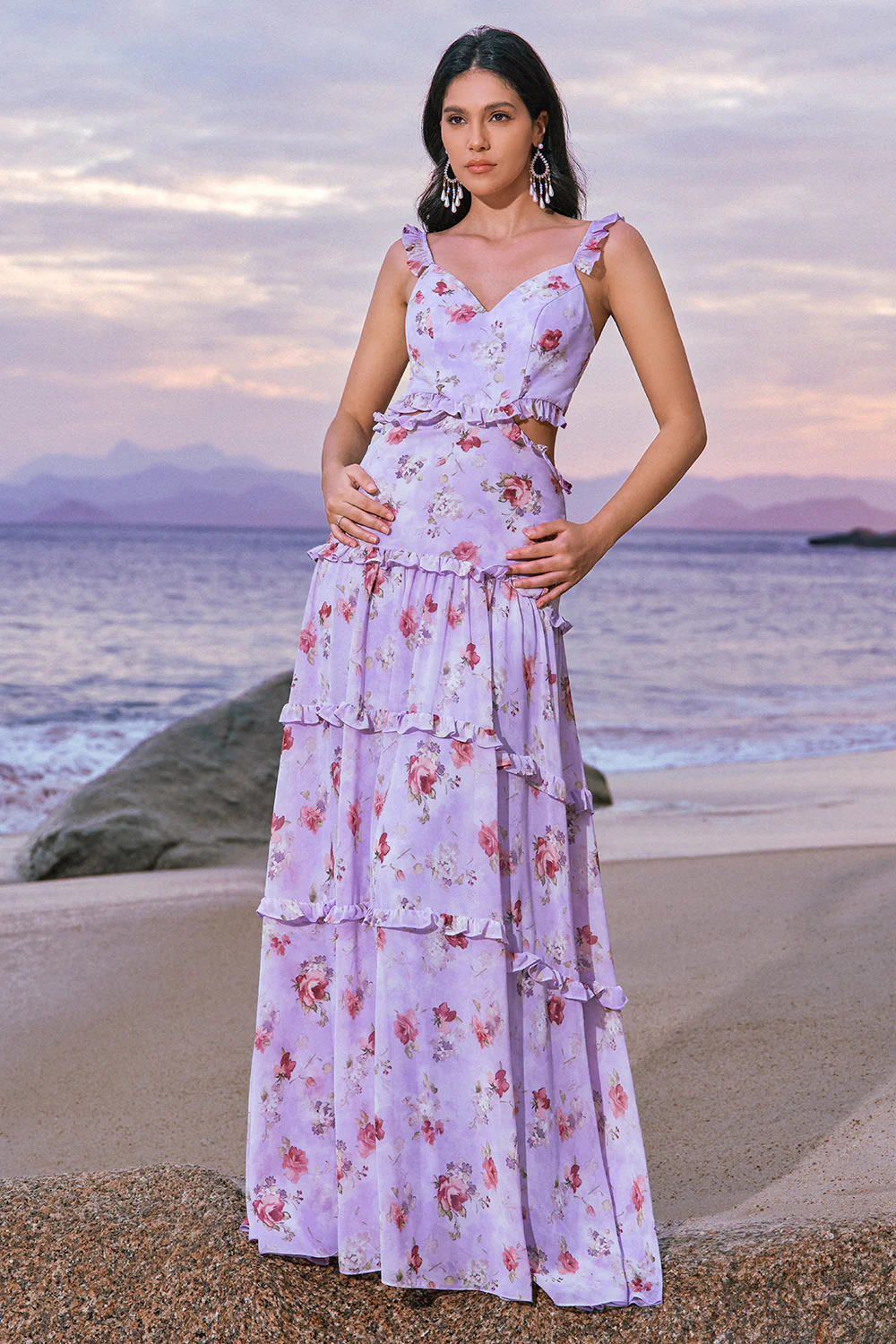 Grey Purple Floral A Line Long Bridesmaid Dress with Ruffles - JUORTHO