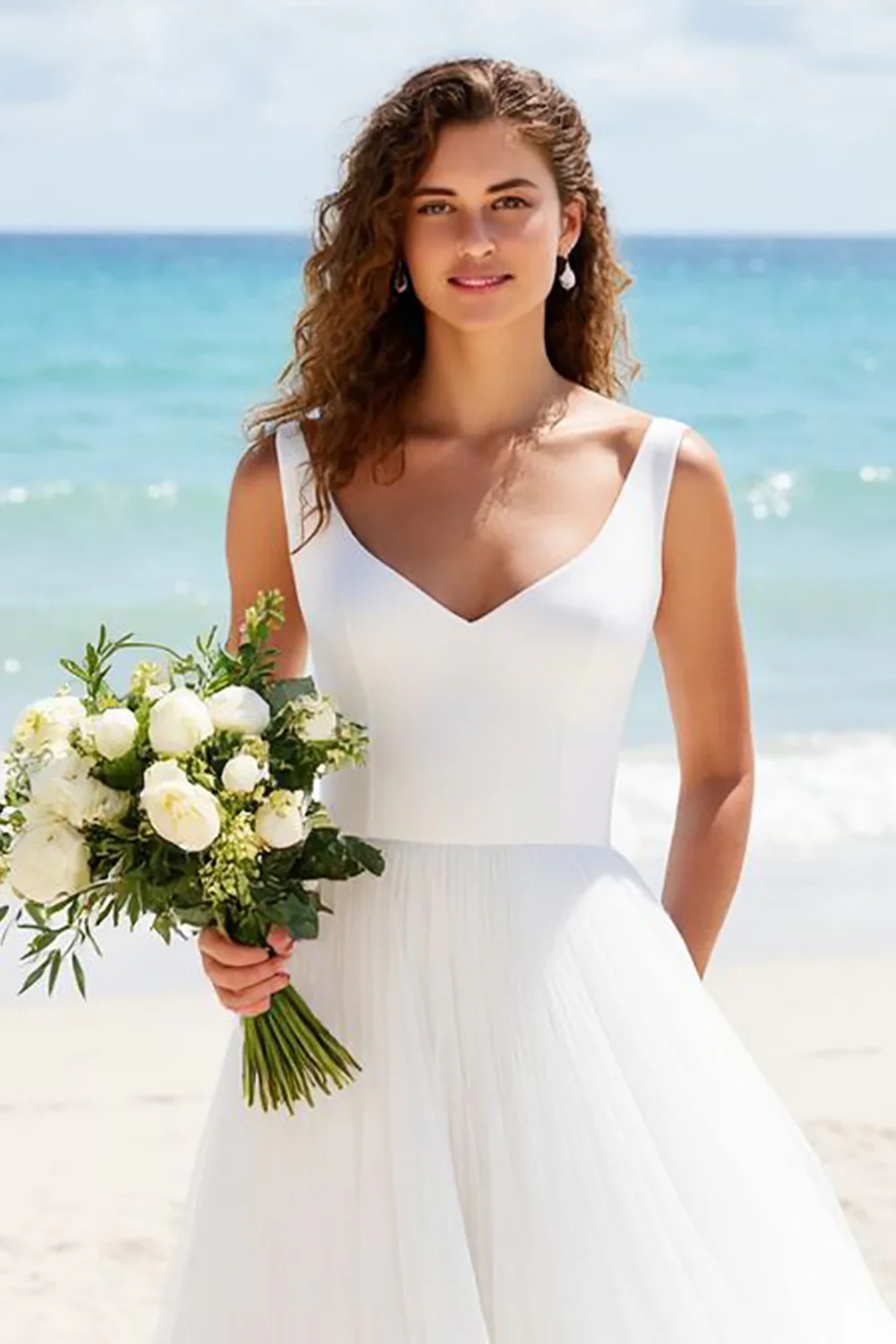 Ivory A Line Tulle V-Neck Backless Sweep Train Wedding Dress - JUORTHO