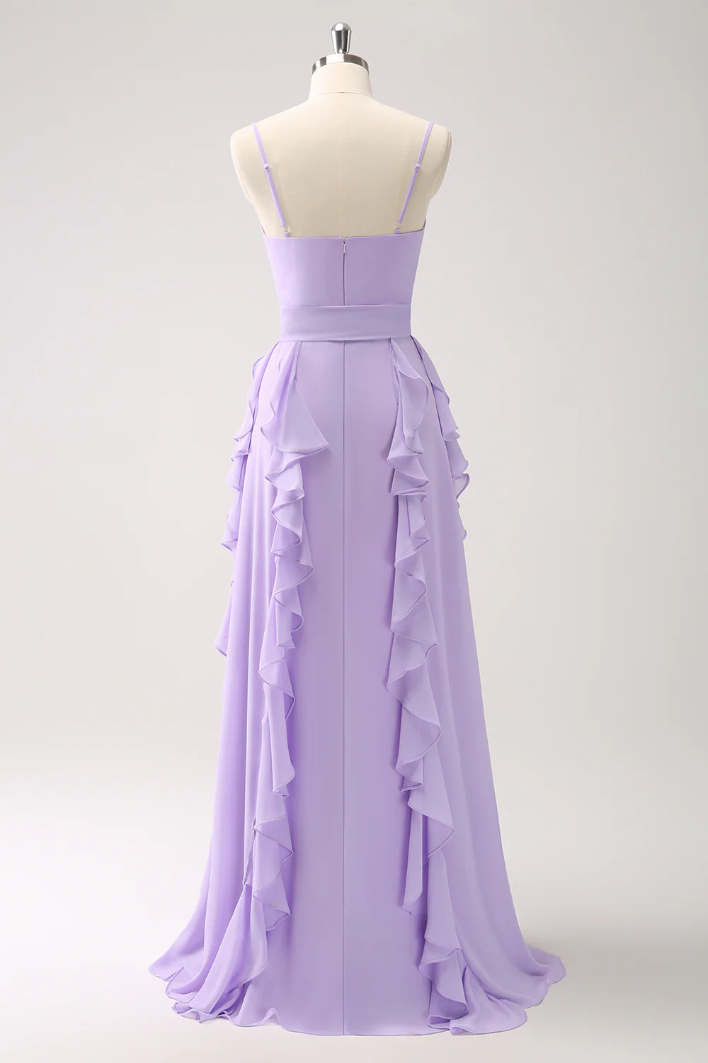 Lilac Chiffon Spaghetti Straps Long Bridesmaid Dress With Slit - JUORTHO