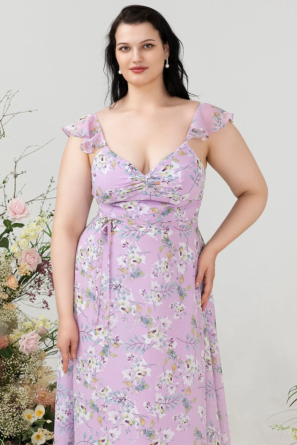 Purple Floral Print Plus Size Bridesmaid Dress - JUORTHO