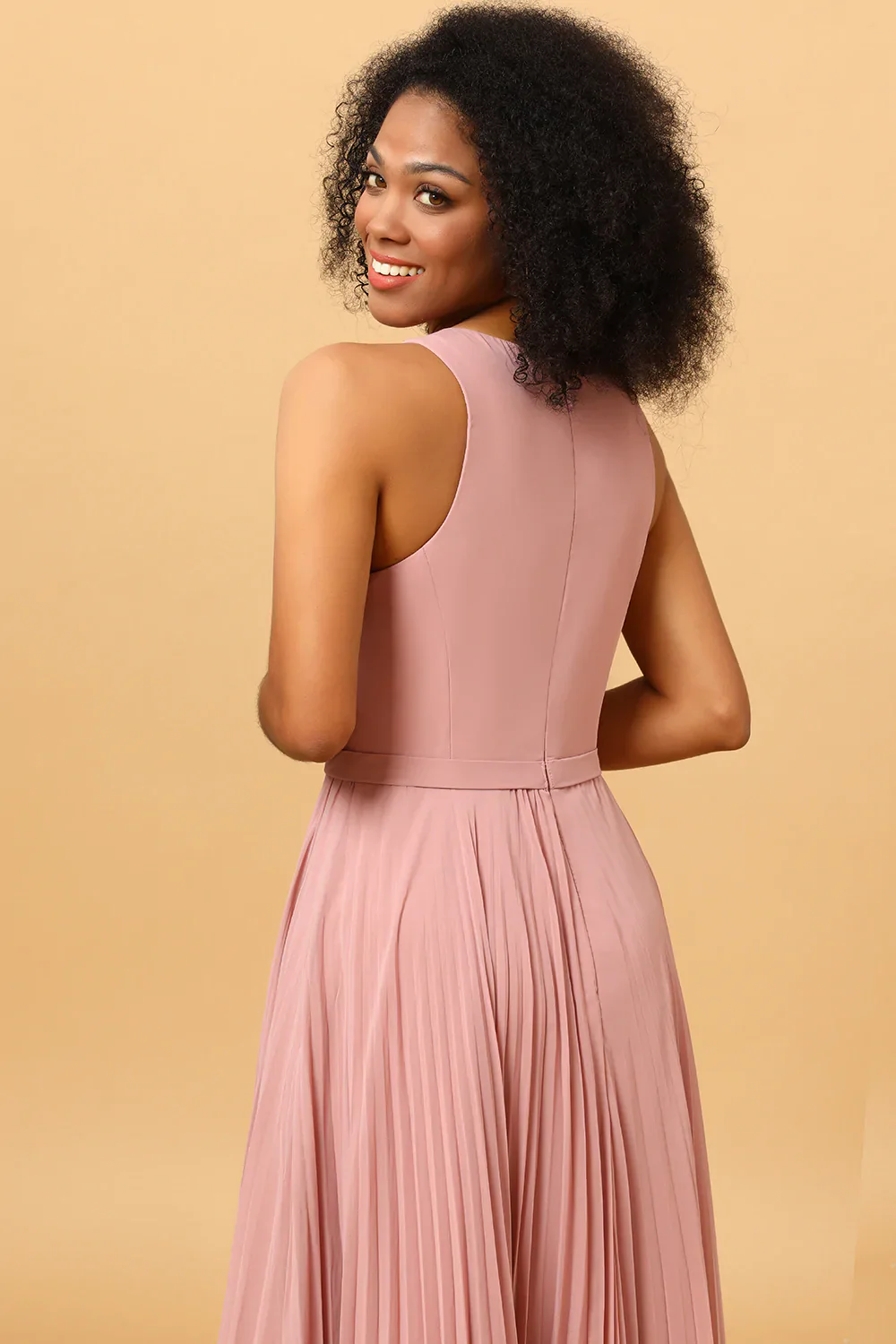 Blush Long Chiffon Pleated Bridesmaid Dress with Slit - JUORTHO