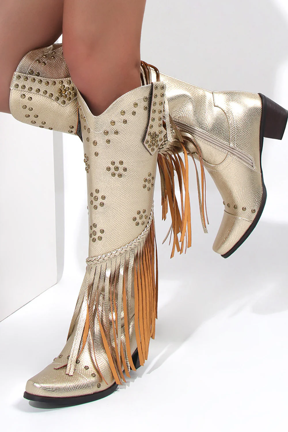 Women's Black Beaded Fringes Pointed Toe Chunky Hell Boots - JUORTHO