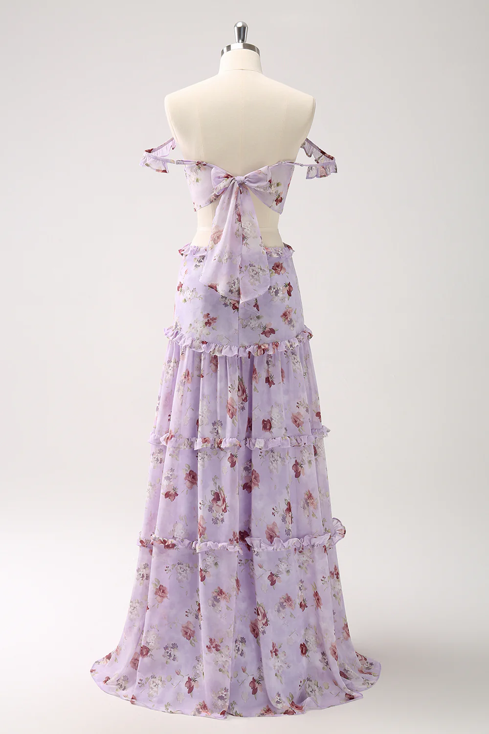 Grey Purple Floral A Line Long Bridesmaid Dress - JUORTHO