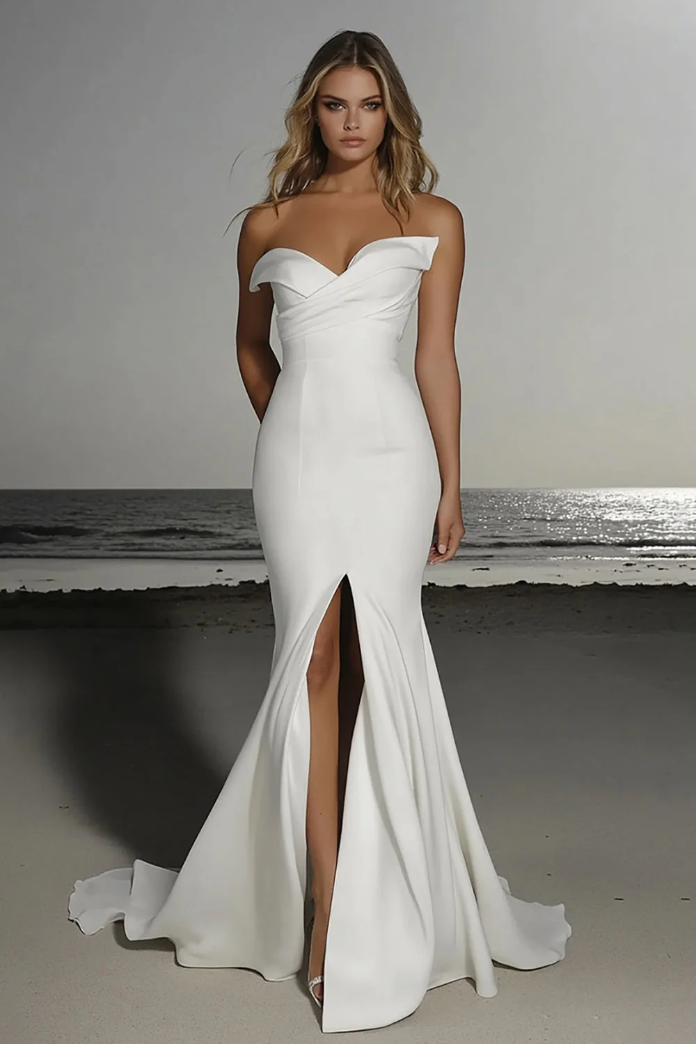 Satin Off the Shoulder Ivory Mermaid Wedding Dress with Slit - JUORTHO