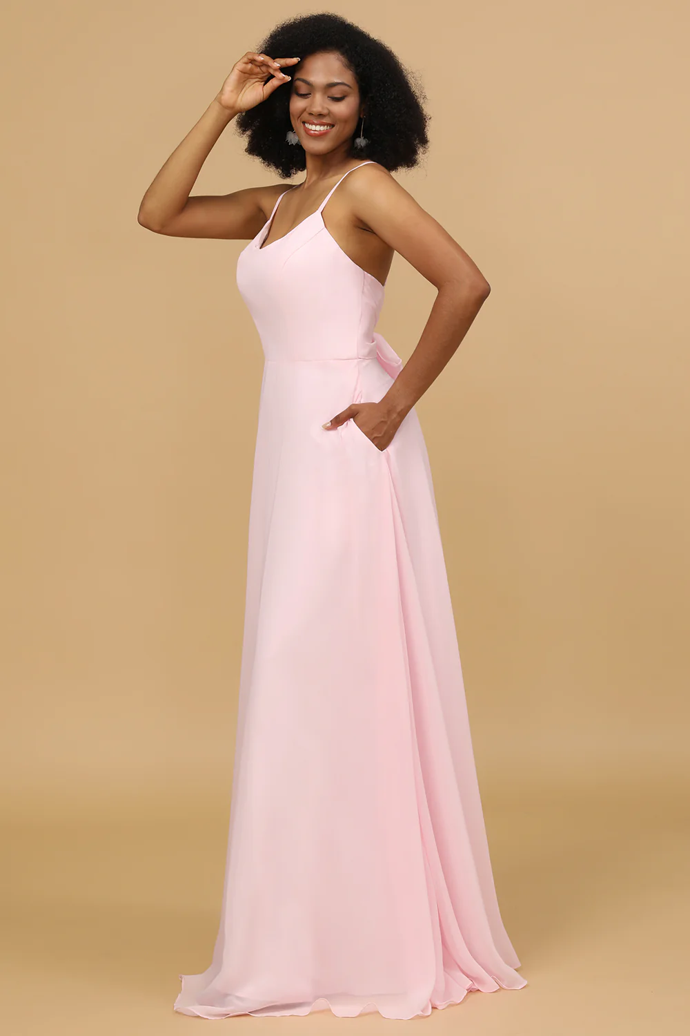 Spaghetti Straps Pink Chiffon Bridesmaid Dress with Pocket - JUORTHO