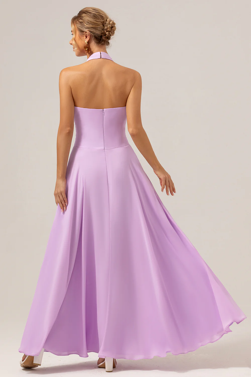 Purple A Line Halter Chiffon Long Bridesmaid Dress - JUORTHO