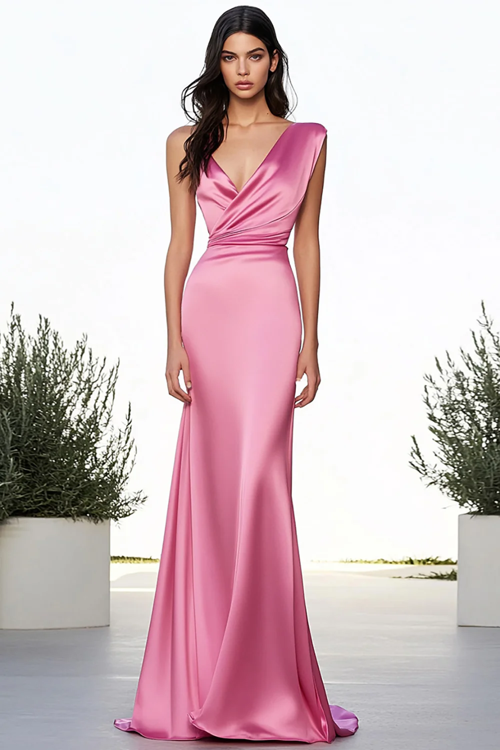 Simple Pink V-Neck Sheath Long Satin Formal Dress - JUORTHO
