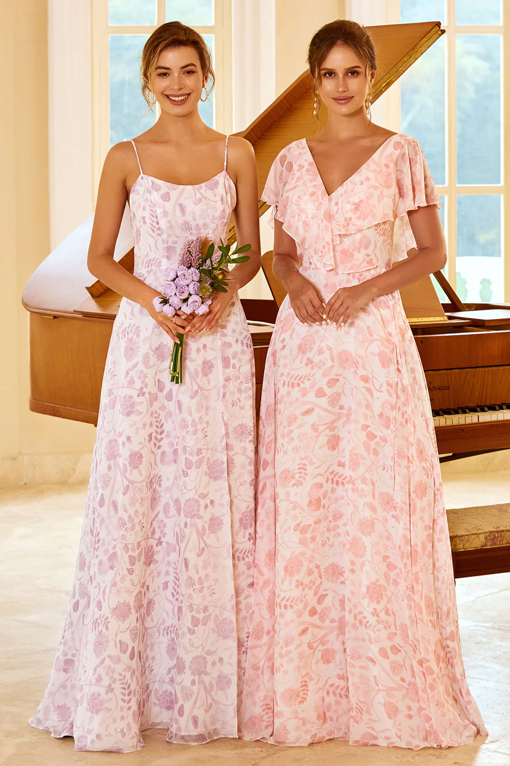 A Line Spaghetti Straps Purple Flower Printed Bridesmaid Dress - JUORTHO