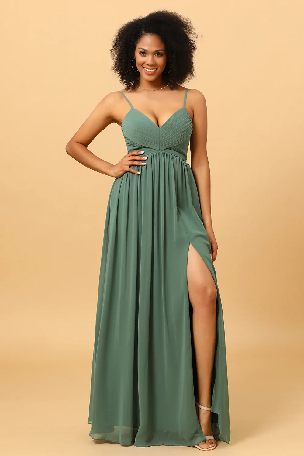 A Line Spaghetti Straps Eucalyptus Long Bridesmaid Dress with Split Front - JUORTHO