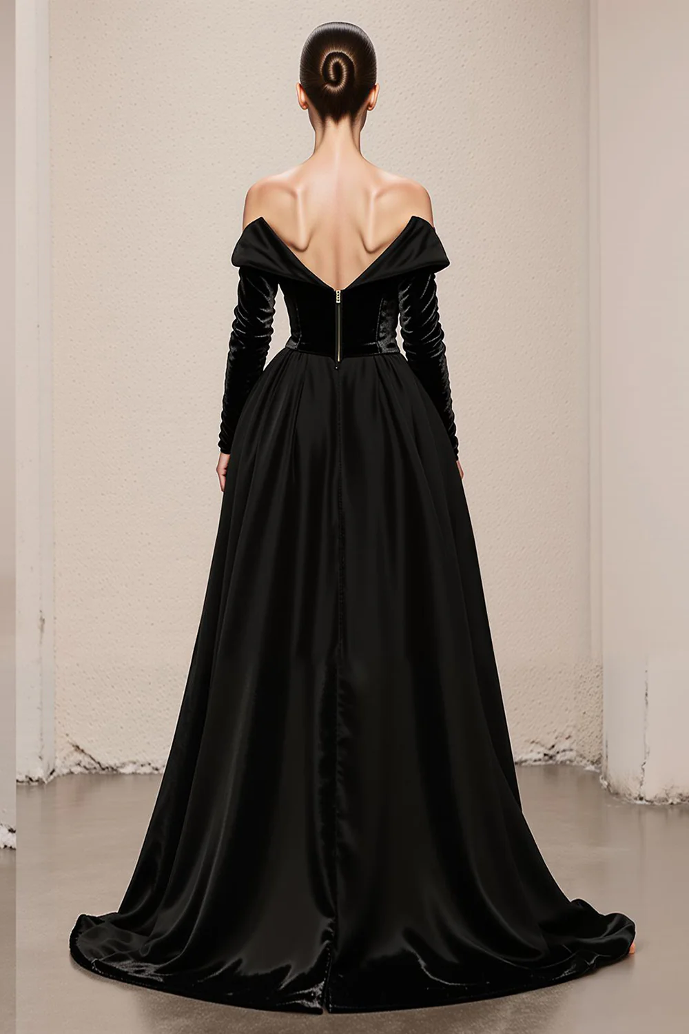Black Velvet A Line Off the Shoulder Long Holiday Party Dress with Slit - JUORTHO