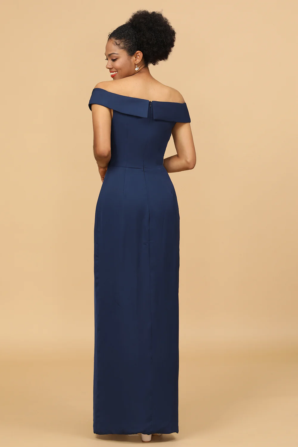 Off-the-Shoulder Navy Asymmetrical Satin Bridesmaid Dress - JUORTHO