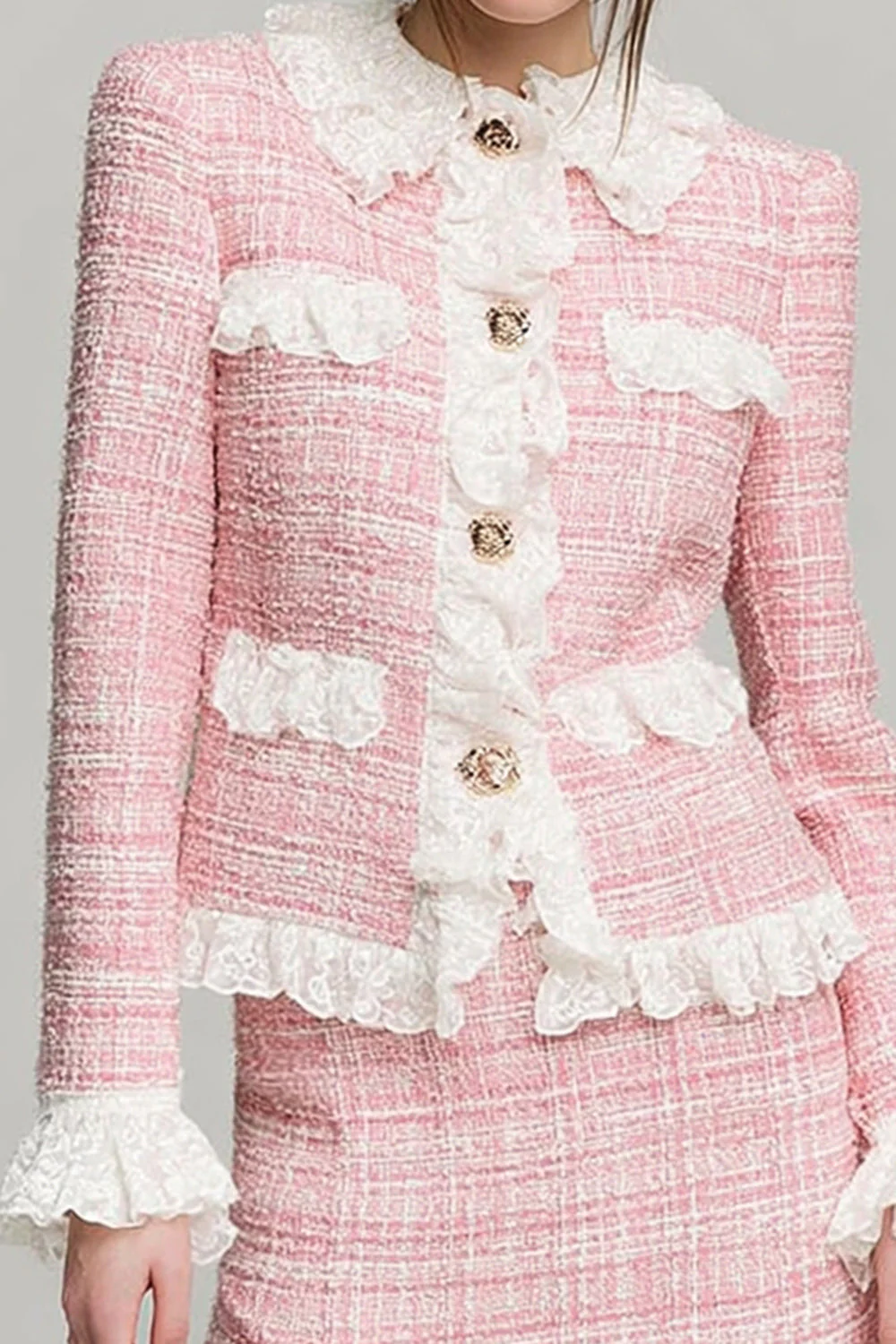 Pink Tweed Blazer 2 Piece Short Homecoming Outfits with Lace - JUORTHO